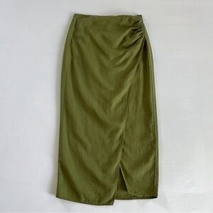 Zara Ruched Linen-Blend Midi Skirt | Green | Size XS | NWT